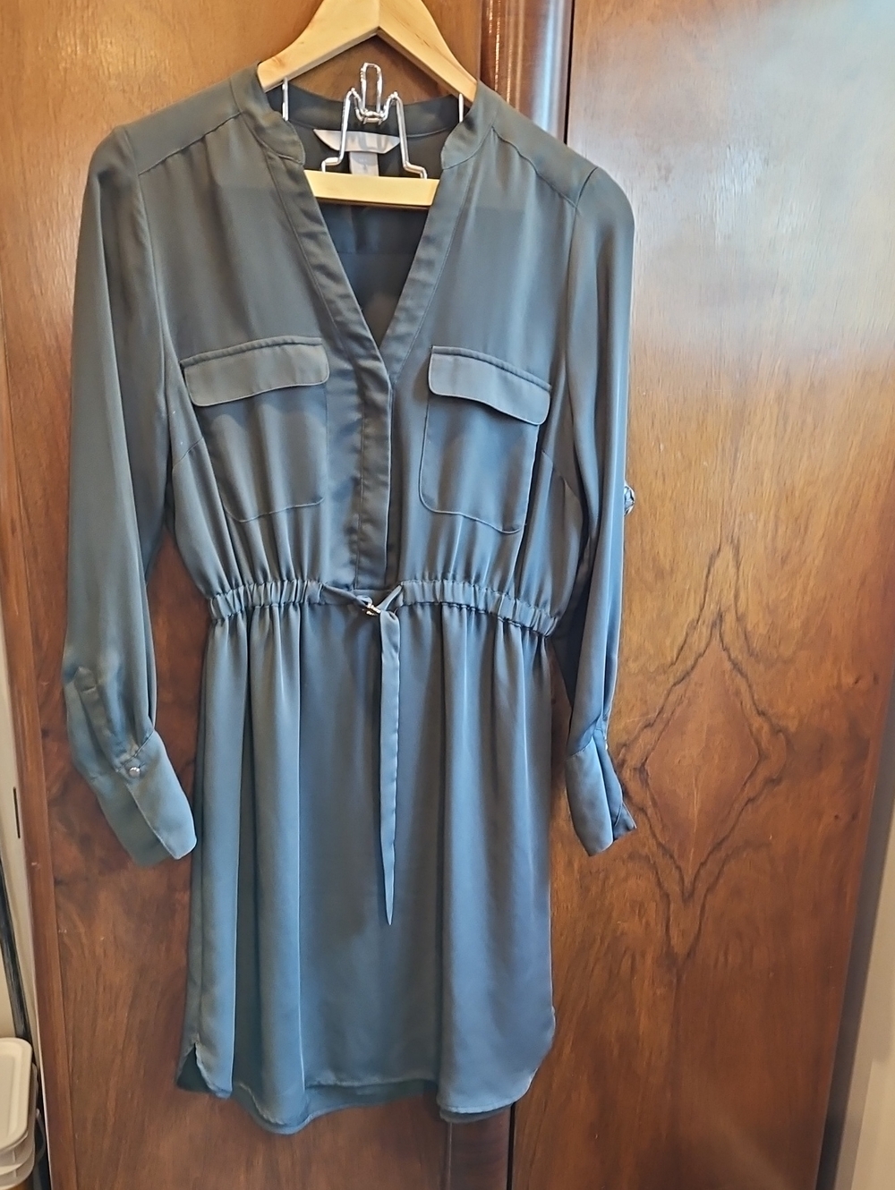 Women's Olive Green Long Sleeve Shirt Dress with Elastic Waist & Tie Accent